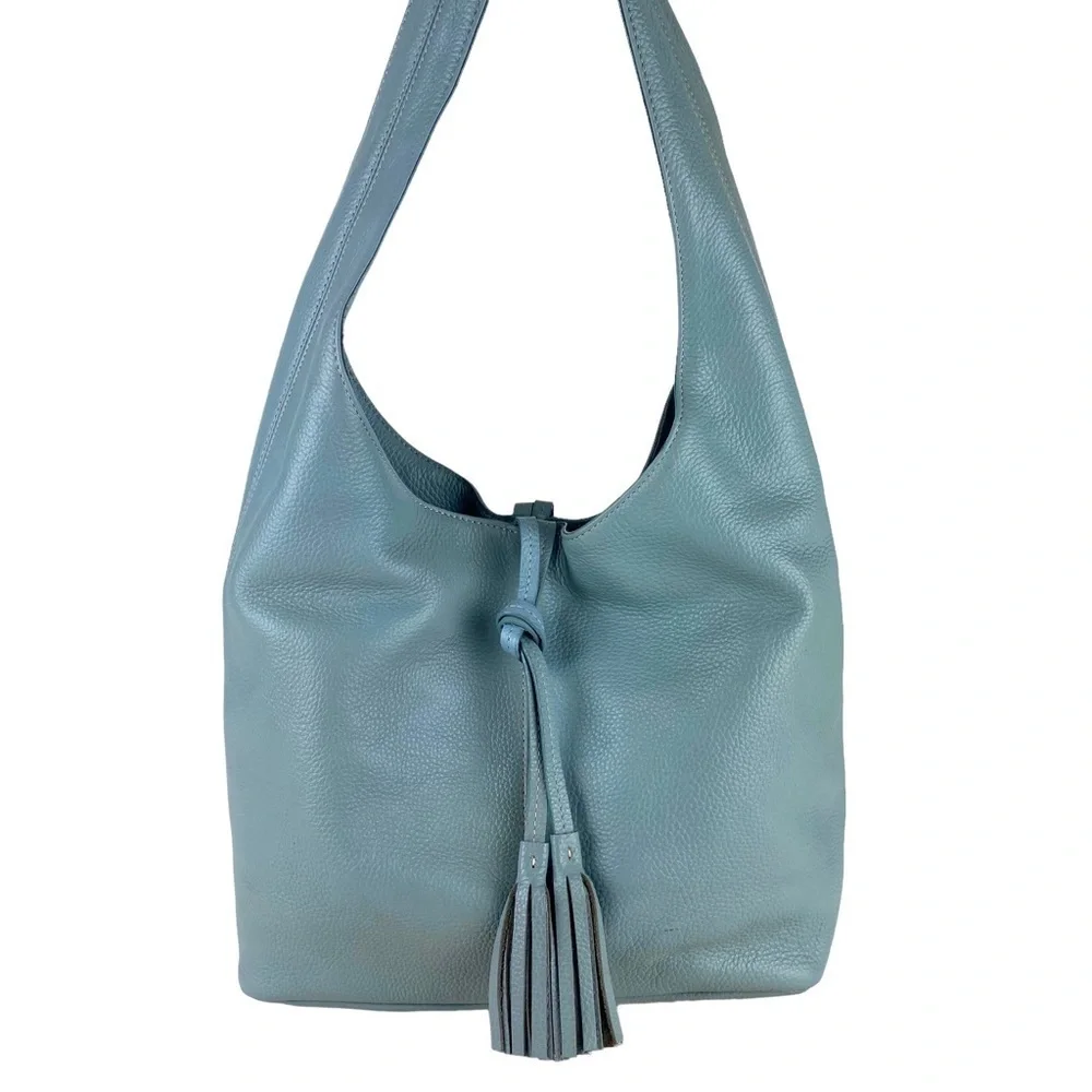 LAGGO Havana Hobo Shoulder Bag Blue Pebbled Leather Fringe Nice Large Size